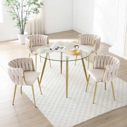 Set of 2 Modern Velvet Dining Chairs with Woven Backrest & Golden Metal Legs – Upholstered Accent Chairs for Dining Room, Kitchen, Living Room, Bedroom, Vanity, Beige