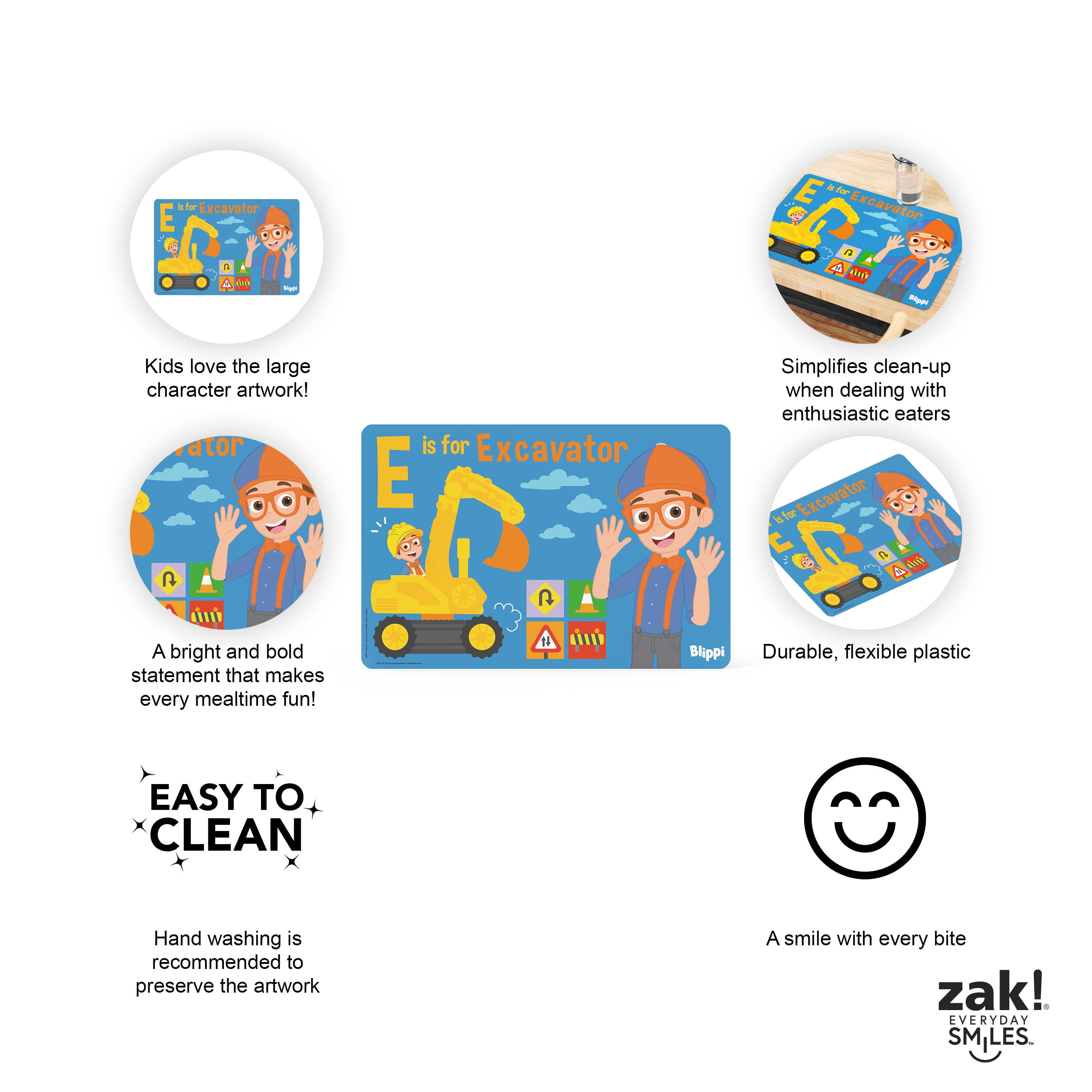 Zak Designs 11.8" x 17.6" Blippi Reusable Kids Plastic Placemat, Blippi