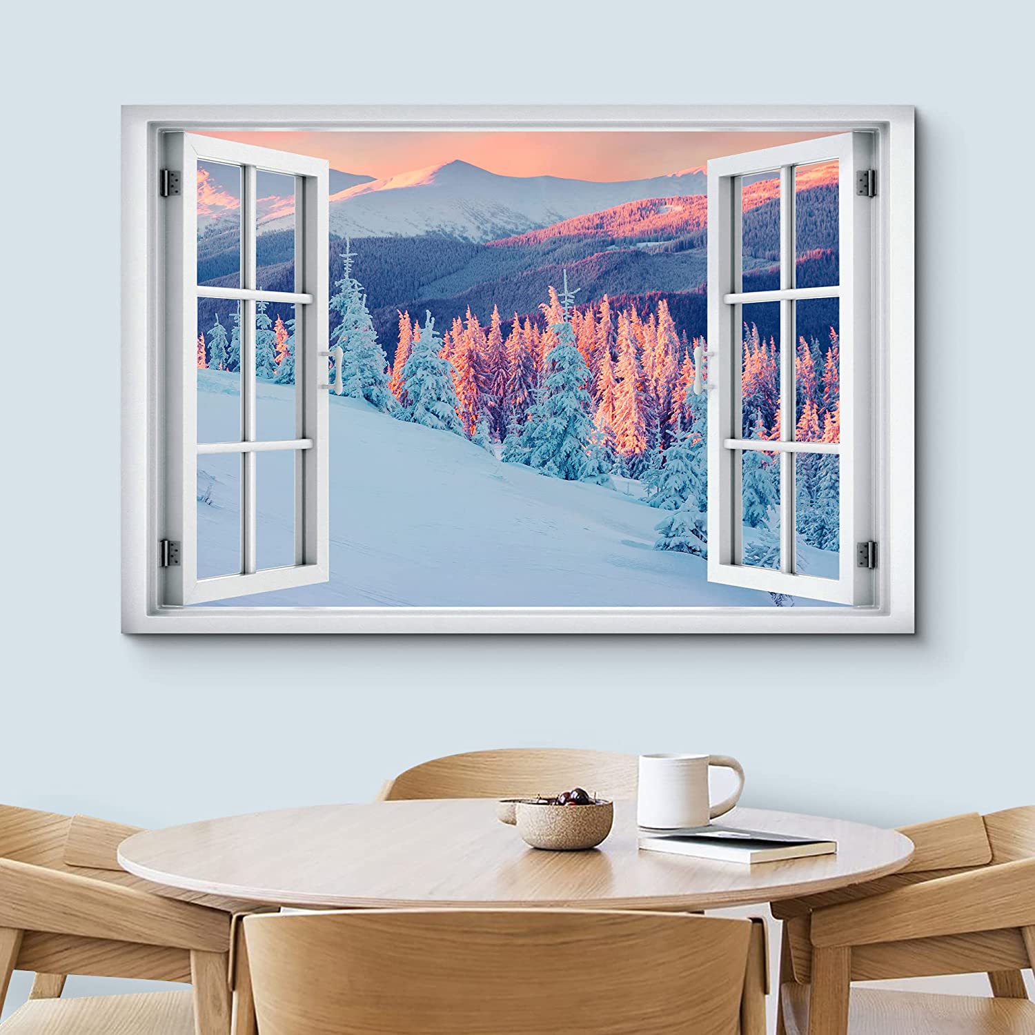 wall26 Canvas Print Wall Art Window View Pastel Pink Blue Winter Pine Tree Forest  Wilderness Nature Photography Realism Scenic Landscape Colorful Multicolor  for Living Room, Bedroom, Office 32quot