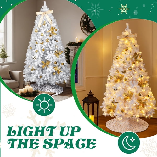 Alvantor 7.5 ft White Artificial Christmas Tree with 400 Warm White LED Lights, Remote, 1600 PVC Tips, Gold Ornaments and Tree Skirt