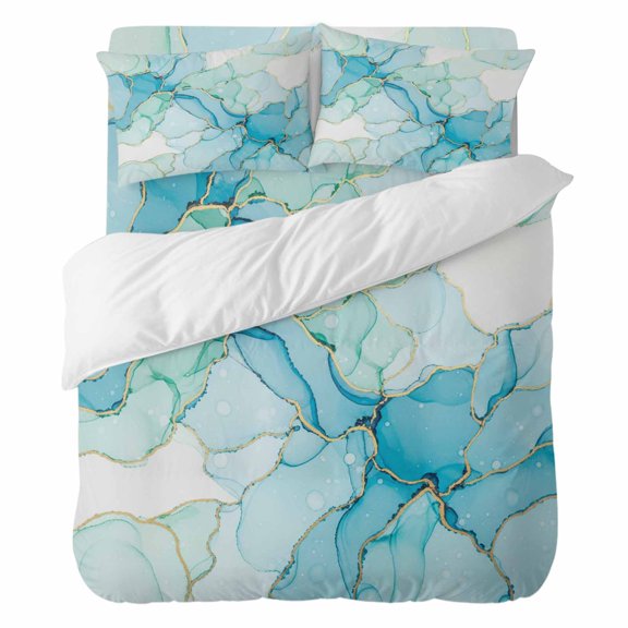 Duvet Cover Set Queen Size 4 Pieces, Gradient Teal Marble Texture Comforter Cover Soft Bedding Sets, Abstract Watercolor Geometric Bed Set Include 1 Duvet Cover, 2 Pillow Shams, 1 Bed Sheet
