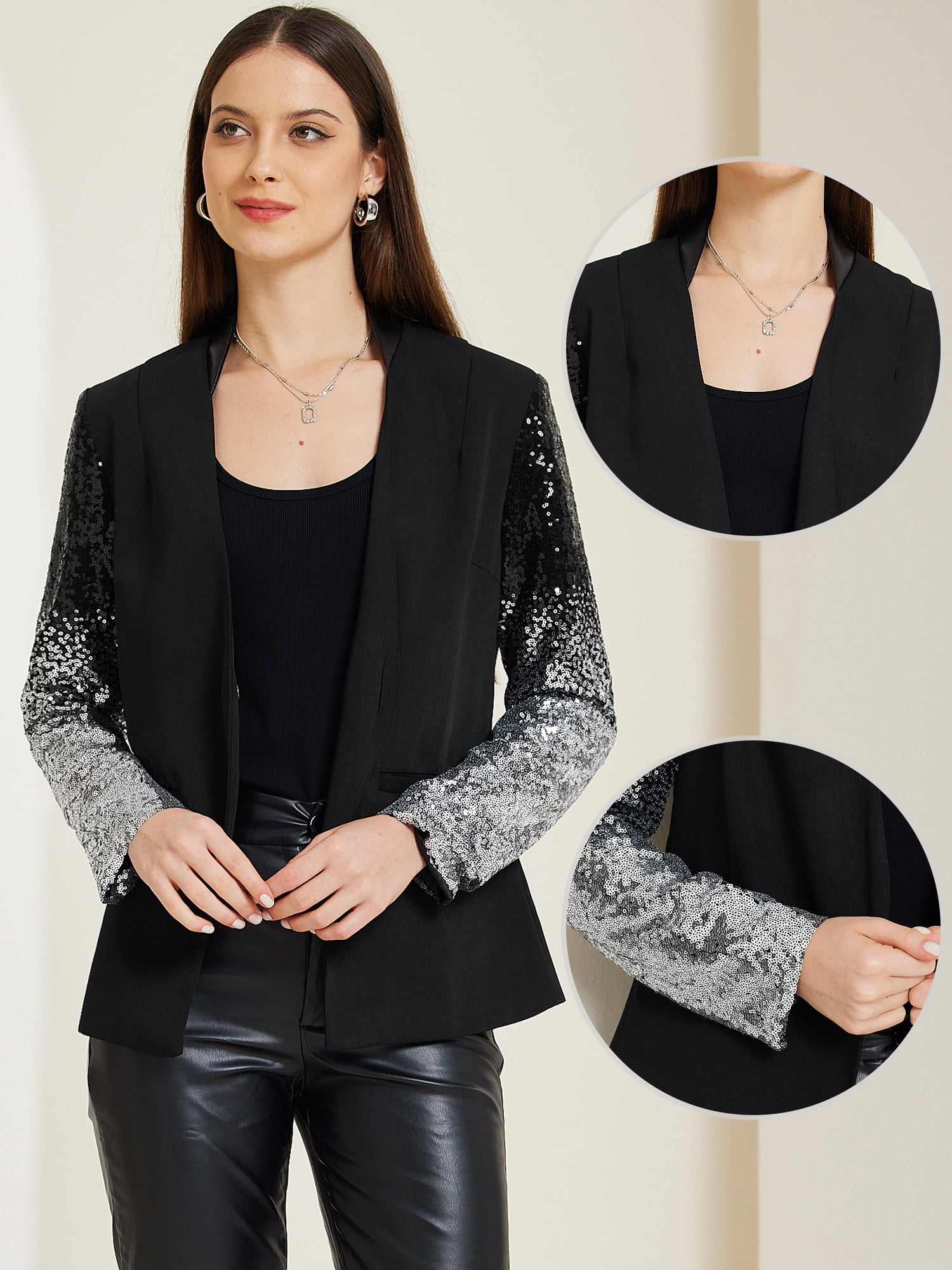 DARING DIVA Party Shiny Sparkle Casual Blazer Jacket M Black