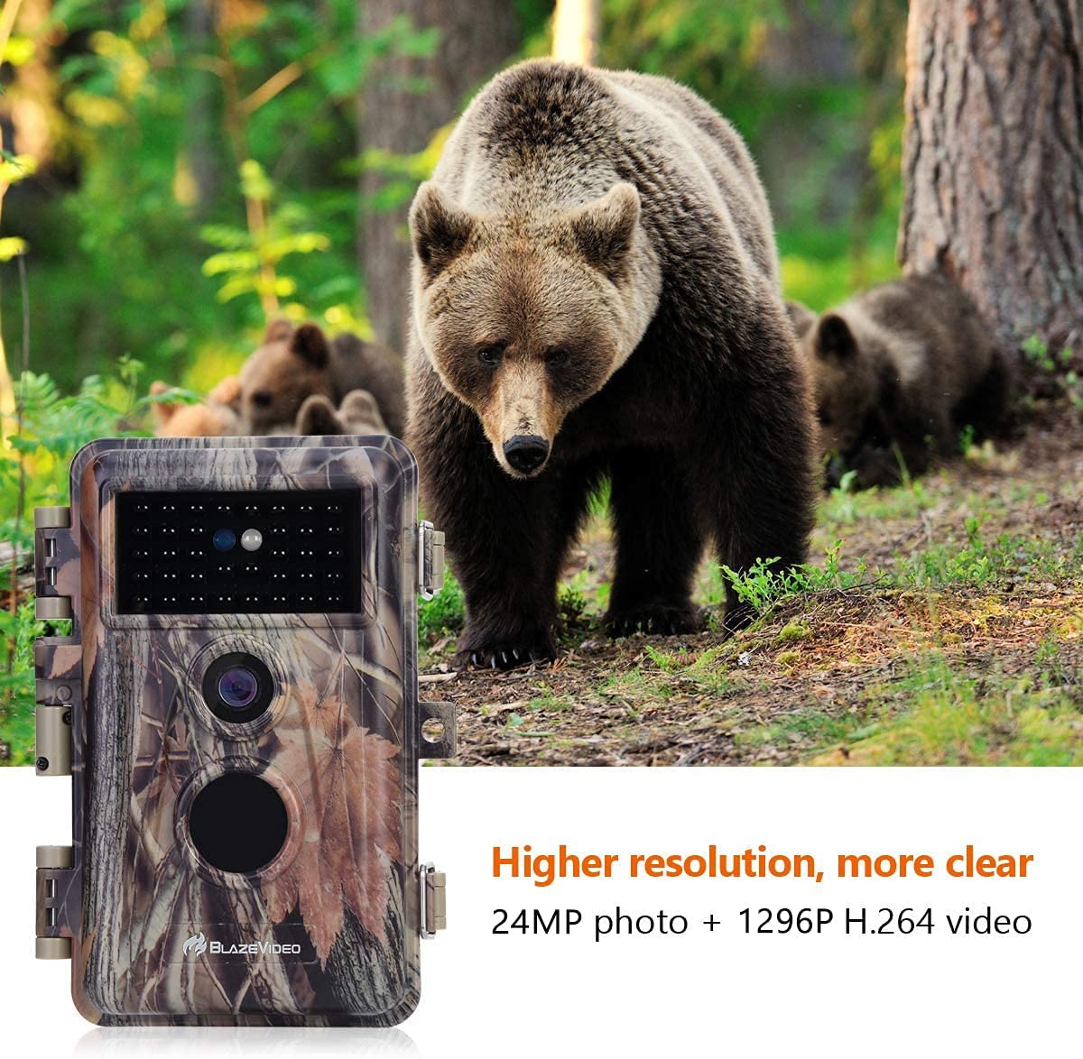 BlazeVideo Game Trail Camera 64MP 1296P No Glow Night Vision Motion Activated IP66 Waterproof