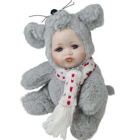 6.75  Porcelain Pucker Up Baby in Mouse Costume Collectible Christmas Doll
