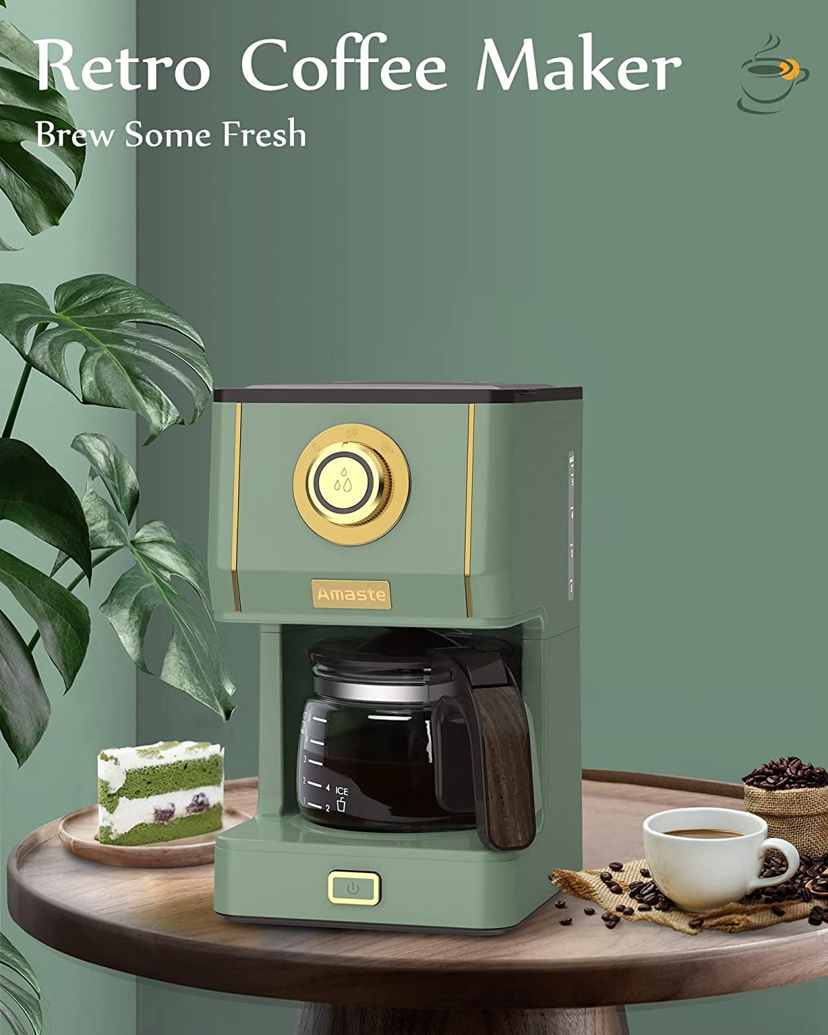Drip Coffee Maker, Coffee Machine with 25 Oz Glass Coffee Pot, Retro Style Coffee Maker with Reusable Filter & Three Brewing Modes, 30minute-Warm-Keeping, Matcha Green