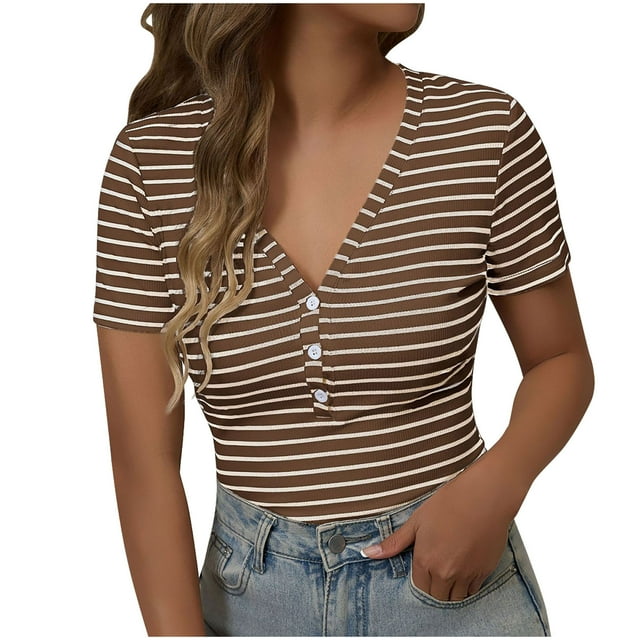 Tnhcen Women's Summer Striped V-Neck Button-Front Ruffled Top Plus Size Casual Essential S-2XL Breathable Summer Shirt