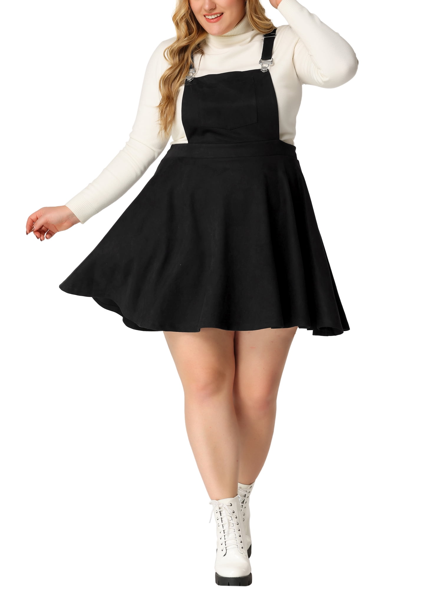 Unique Bargains Women's Plus Size Suspender Skirt Pleat A-Line Mini Flared Overall Dress 2X Black