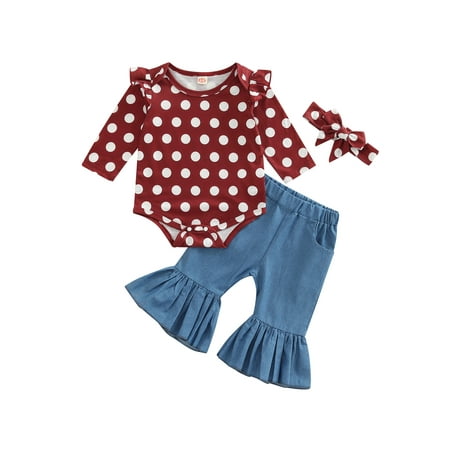 

Baby Girls Romper Pants Outfits Long Sleeve Polka Dot Print Romper Top Flare Denim Pants Bowknot Headband Clothes