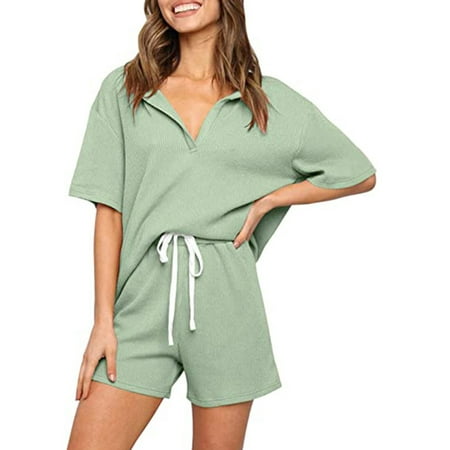 

MAWCLOS Women Short Sleeve Two Piece Outfit Casual Sports Pajamas V Neck Loungewear Fitness Sleepwear Jogger Set