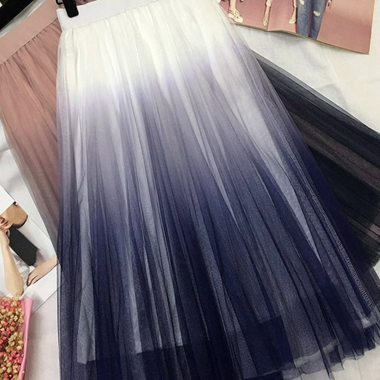 Women Autumn Pleated Skirt Mesh Chic Gradient Color Elastic Waist