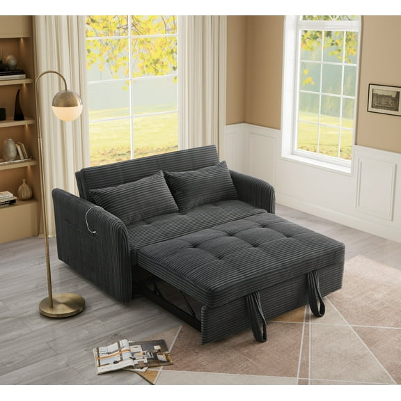 Noodeniya 55" Corduroy Twins Pull Out Sofa Bed with 2 Large Side Pockets and USB, Convertible Sleeper Couch, Loveseat for Small Place, Grey