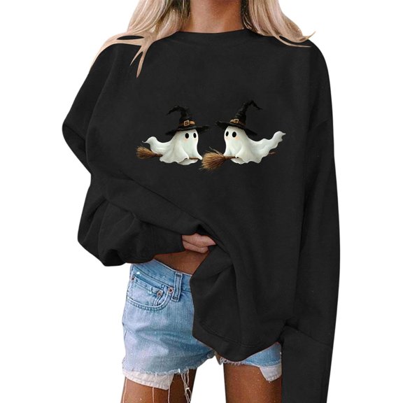 Women's Ghost Sweatshirt, Crewneck Long Sleeve Top, Casual Halloween Print Pullover for Fall Winter Everyday Wear
