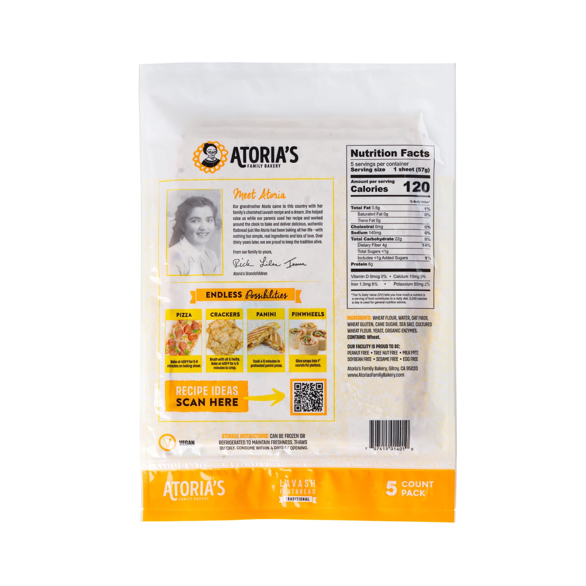 Atoria's Family Bakery Traditional Lavash | Non-GMO, Vegan (10 Pack, 50 Flatbreads Total)