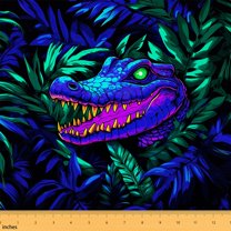 Homewish Neon Purple Dinsaur Fabric by the Yard 1 Yard,Jungle Wildlife Home Decor Fabric by the Yard,Tropical Botanical Monstera Leaf Sewing Fabric For Boy Kids,Microfiber Bedroom Decor