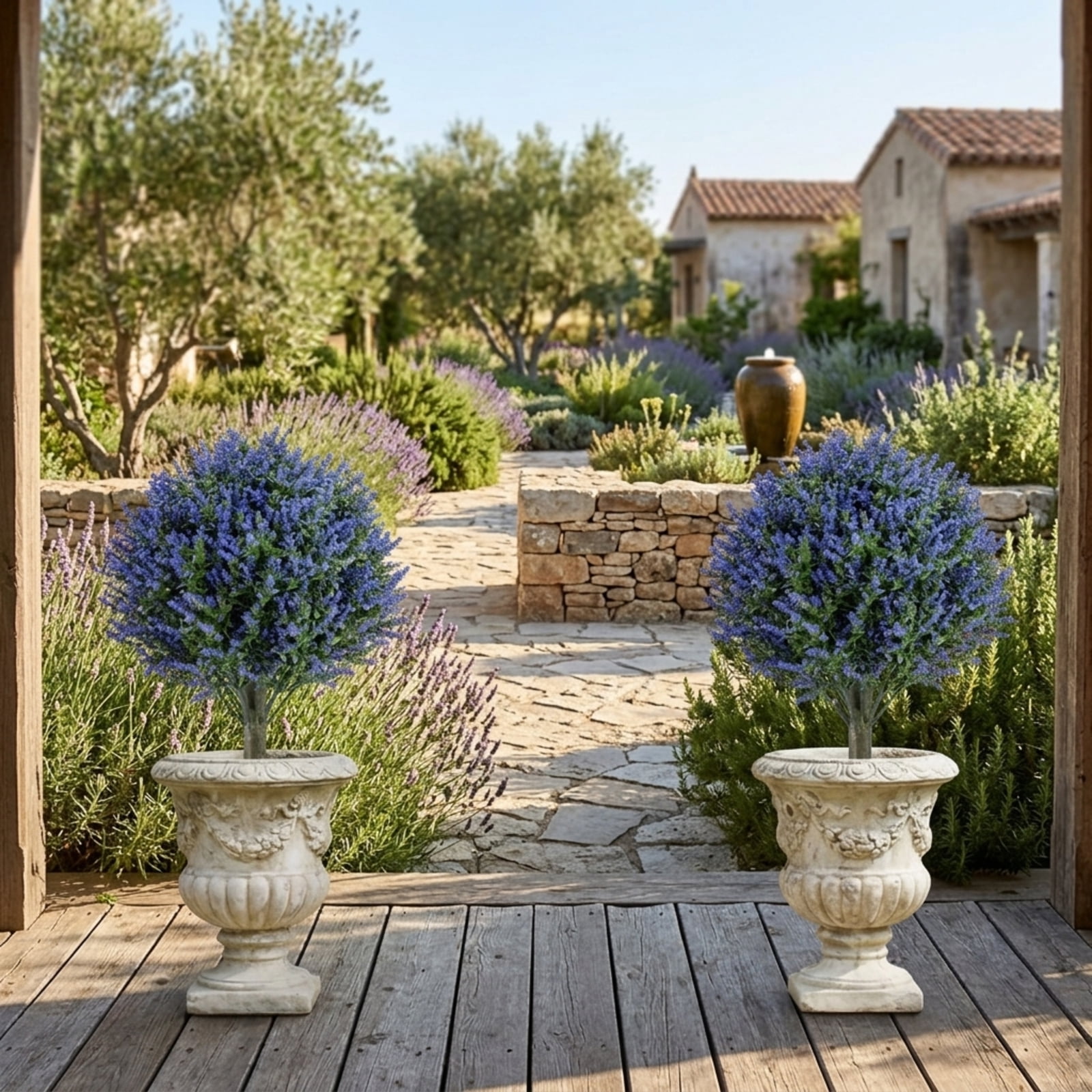 Vebreda Artificial Plant Decor, Set of 2 Artificial Lavender Topiary Ball Trees with Ground Spikes, Intricate & Lifelike Design
