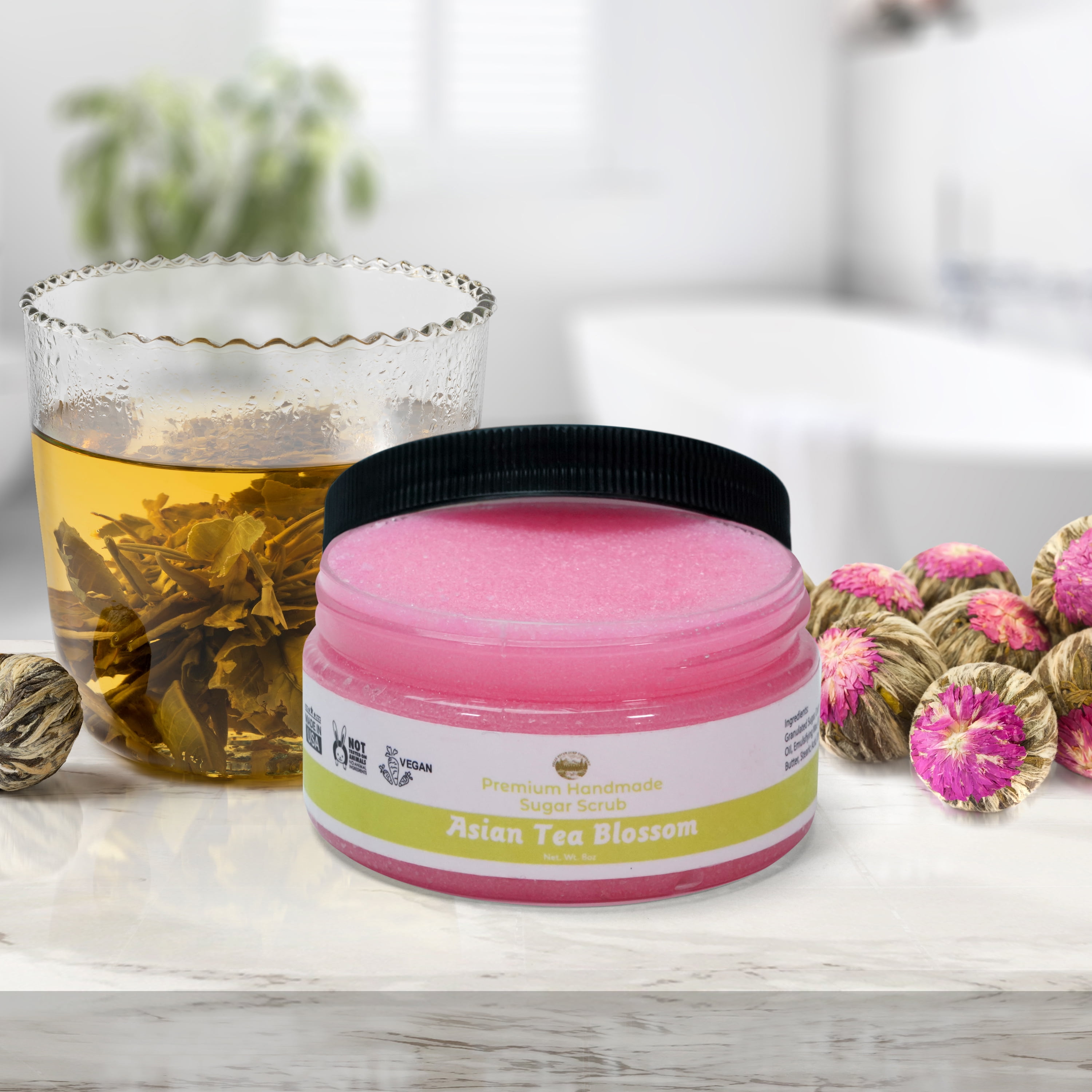 Asian Tea Blossom Sugar Body Scrub - 8oz Premium Handmade Sugar Scrub, Great as a Face Scrub & Exfoliating Body Scrub for Acne Scars, Stretch Marks, Foot Scrub, Great Gifts For Women - Falls River Soa