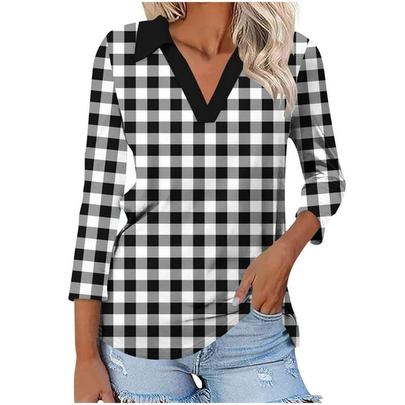 Njagoc3 Womens Black - White Gingham 3/4 Sleeve Tunic, Loose Fit, Soft Fabric, Casual Summer Office & Weekend Wear, Multiple Colors