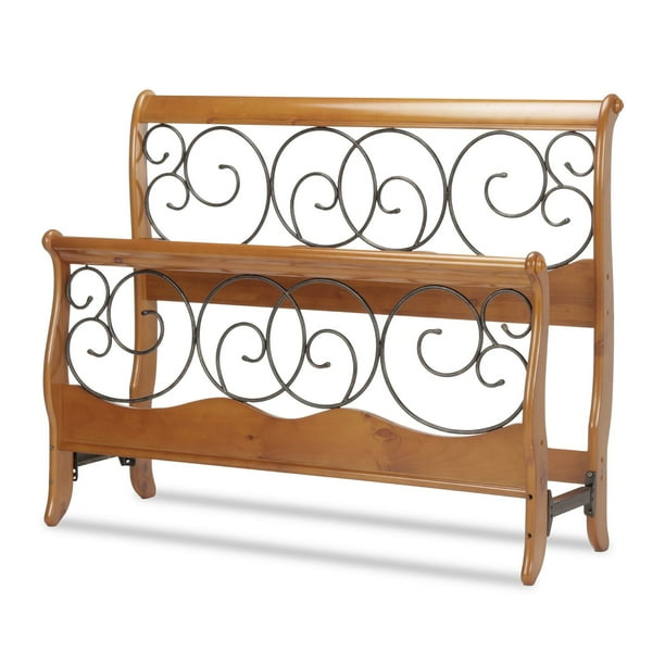 Dunhill Bed With Wood Sleigh Style Frame And Autumn Brown Metal Swirling Scrolls Honey Oak Finish California King Com Dunhill Bed With Wood Sleigh Style, Dunhill King Size Bed And Frame