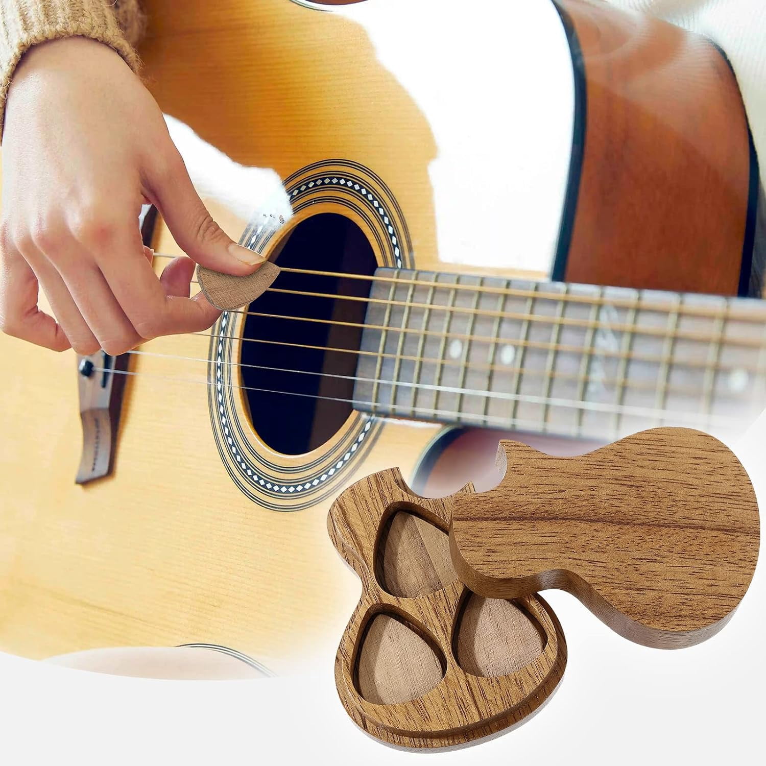ABPETE Guitar Pick Holder Case with 3 Premium Wooden Picks for Guitar Players, Collectors, and Special Occasions