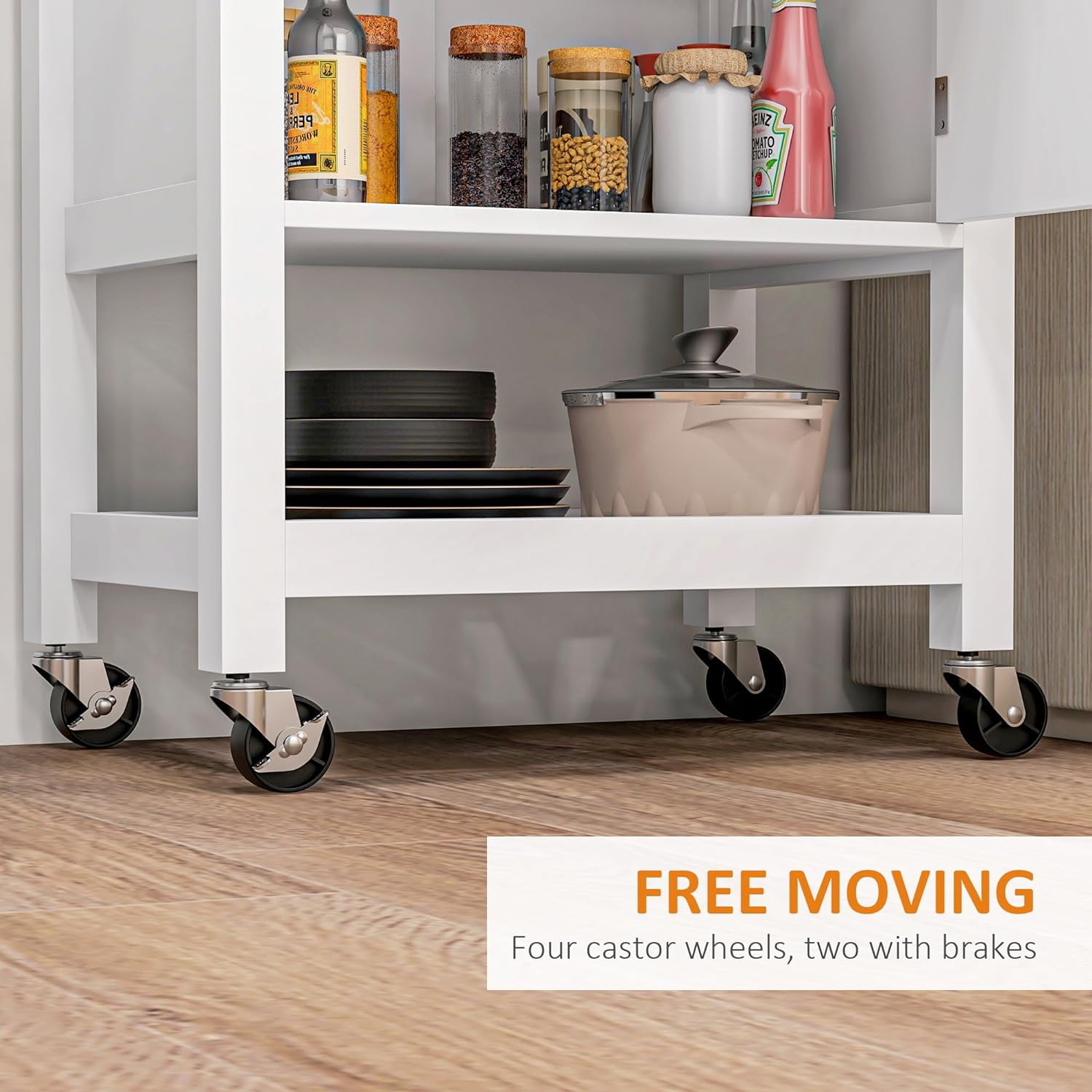 Utility Kitchen Cart, Rolling Kitchen Island with Smooth Rubberwood Top, Narrow Butcher Block Surface on Wheels with Storage Drawer & Cabinet, White