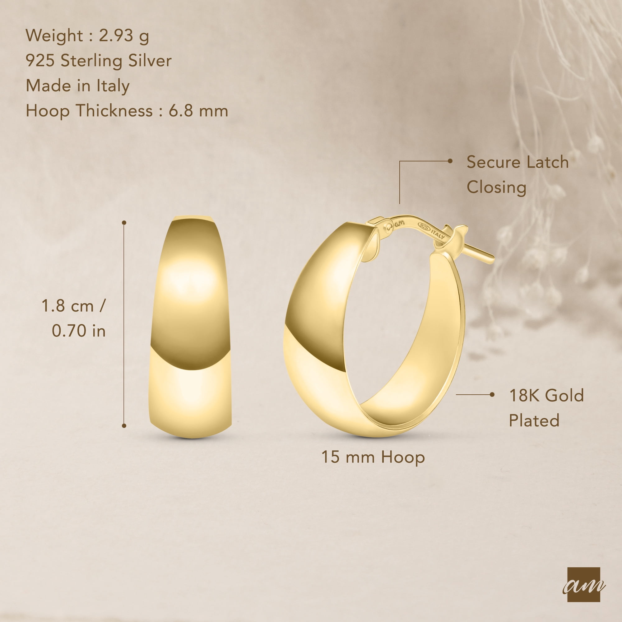 Amberta Women 925 Sterling Silver Chunky Hoop Earrings: Thick Gold Hoops 15 mm