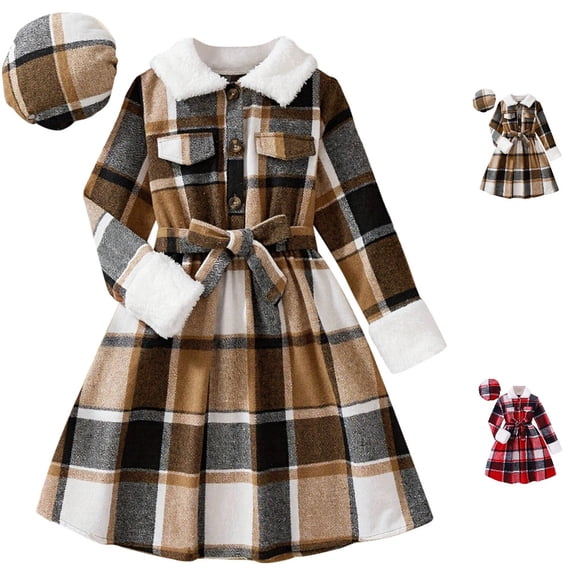 HJYCHN Girls Dresses Long Sleeve British Plaid Dress with Belt and Button Front and Side Pockets for Autumn Winter Kids Dress 8-9 Years