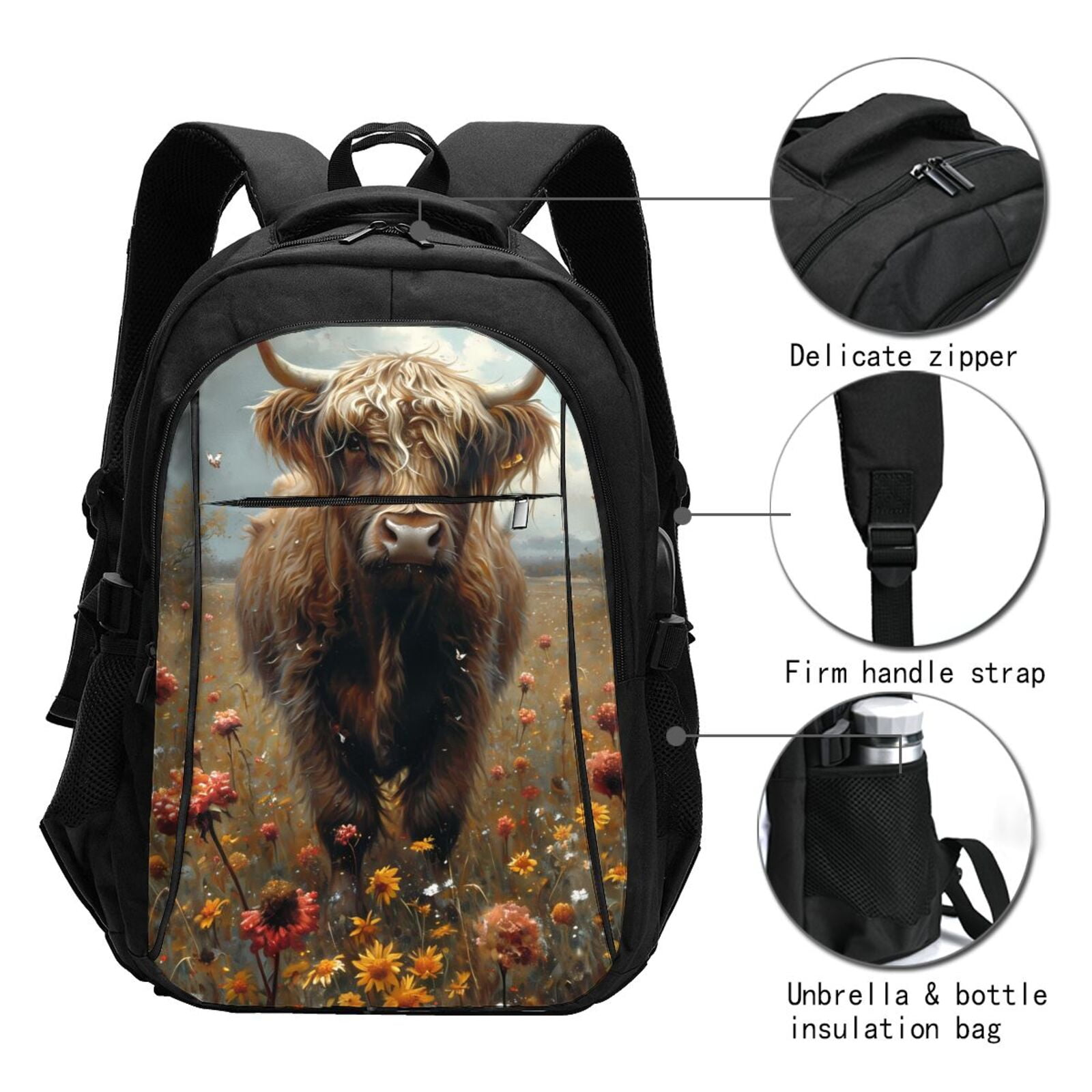 Vsdgher Grassland Sunflower Cow Print Travel Laptop Backpack, Laptops Backpack with USB Charging Port, Water Resistant Computer Bag Gift for Men & Women