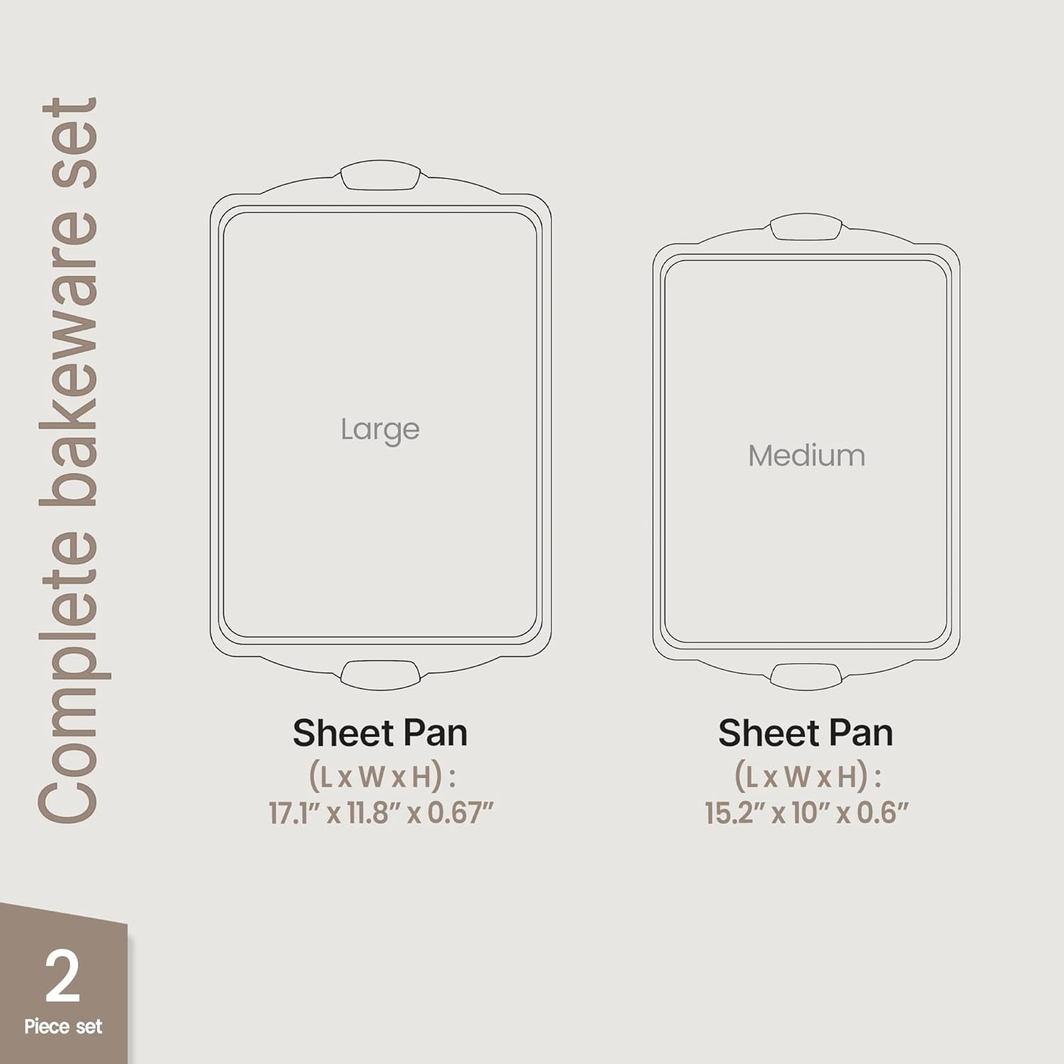 BAKKEN Kitchen Baking Pans – Medium (15.15" × 10.03") & Large (17.1" × 11.8") Nonstick Cookie Sheets, Carbon Steel with White Silicone Handles, Oven Safe Up to 450°F, 2-Piece Set