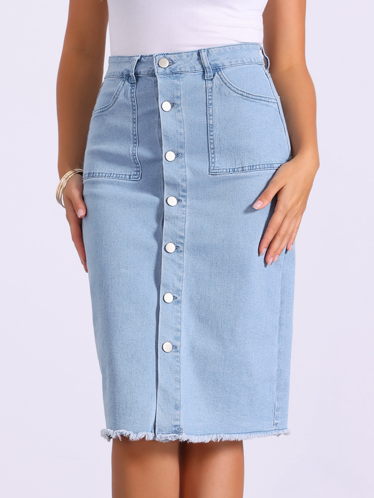 DARING DIVA Women's Button Down Frayed Raw Hem Jean Midi Skirt L Light Blue