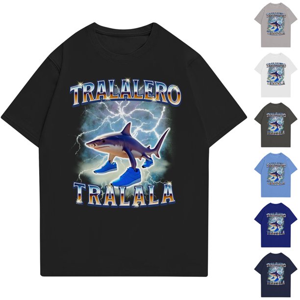 Tralalero Tralala Shark in Shoes Womens Tops Short Sleeve Thin Tops AI Italian Animals Bombardino Crocodilo Printed Mens Shirts Cute Shirts for Women Gifts for Fans(Dark Blue,XXL)