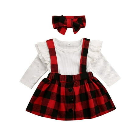 

Fanvereka 3PCS Clothes Set Baby Girls White Solid Color Romper Red Plaid Dress Headdress 0-18 Months