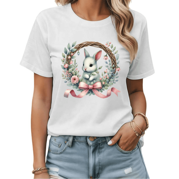Easter Day Bunny In Floral Wreath Graphic Tees Womans T shirt Shirts Black White S-5XL Tops