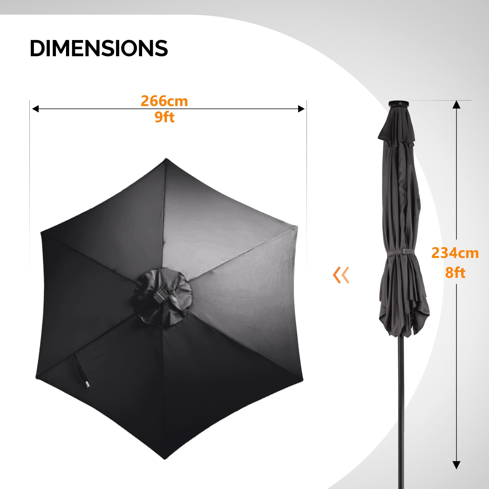 9ft Solar Patio Umbrella with LED Lights, UPF 50+ Waterproof Solution-Dyed Polyester Canopy, 6 Iron Ribs, Push Button Tilt & Crank Lift, Wind Resistant for Patio Garden Poolside