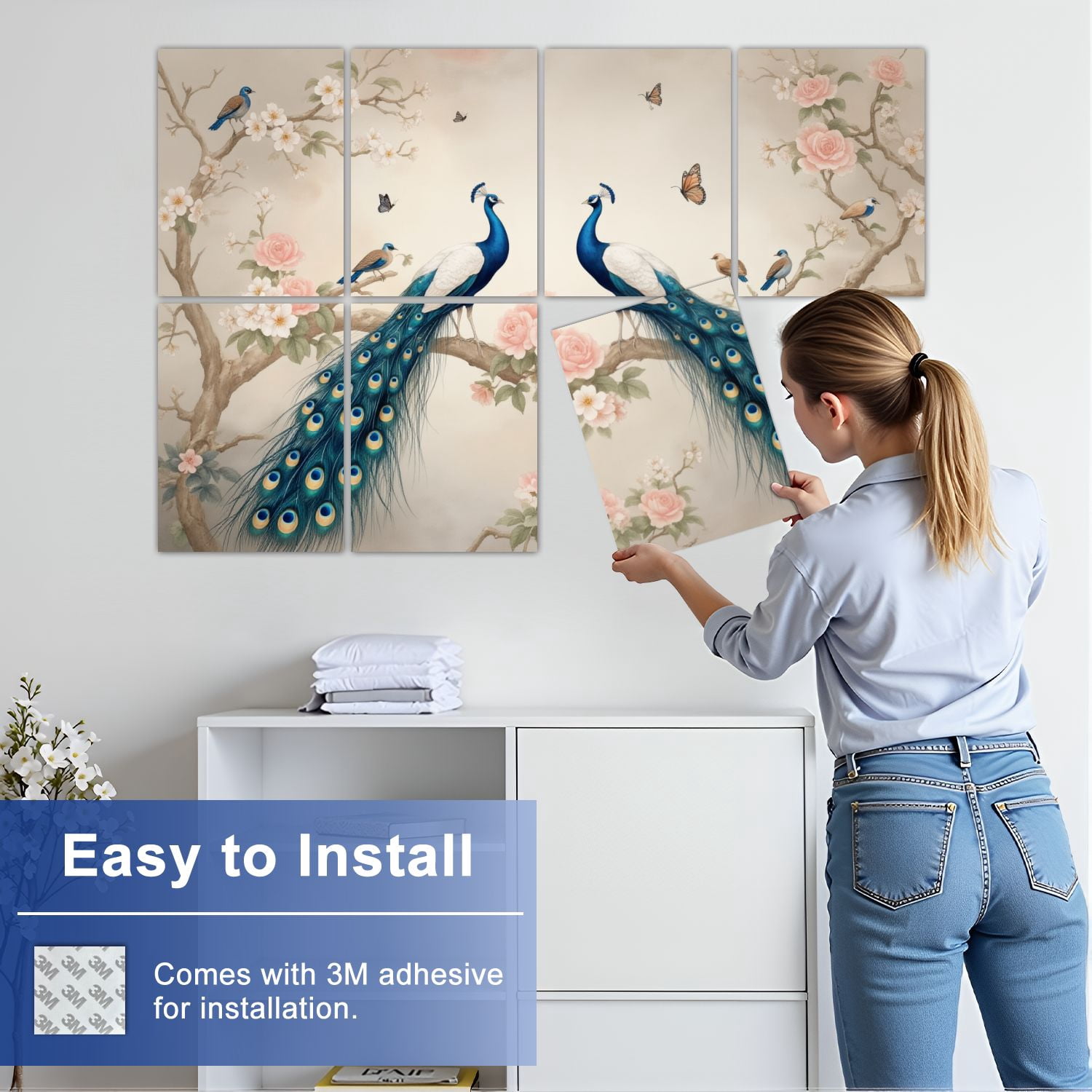 Vintage 8 Pack Art Acoustic Panels Sound Absorbing Peacock Birds Vibrant Feathers Floral Decorative Soundproof Wall Panels Self Adhesive for Nursery Game Room Bedroom 48"x32"