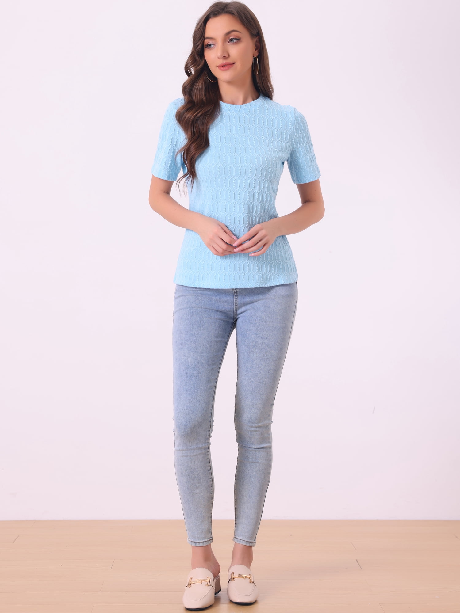 DARING DIVA Women's Casual Summer T-Shirt Round Neck Basic Textured Top L Light Blue
