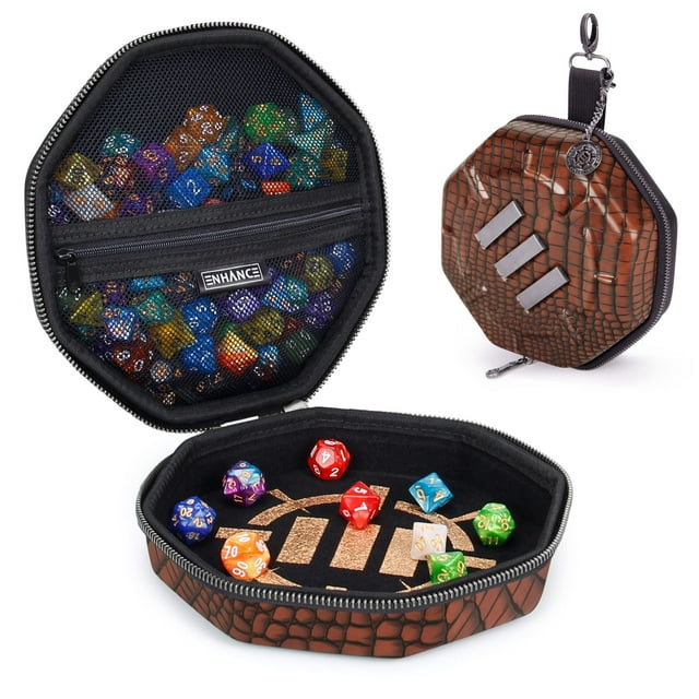 ENHANCE DND Dice Tray and Dice Case - Collector's Edition DND Dice Holder for up to 150 D&D Dice with Rugged Exterior and Protective Interior - Dice Rolling Tray Perfect for Game Night (Dragon Brown)