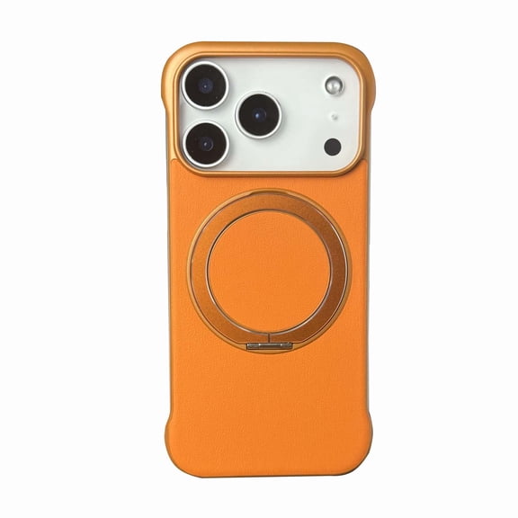 for iPhone 15 Pro Max Ring Stand Case, Slim Tough Rugged Shockproof Protective Cover with Ring Kickstand & Secure Ring Grip, Non-Frame Luxury PU Leather Phone Case for iPhone 15 Pro Max, Orange