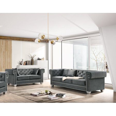 Gray Velvet & Steel Legs Sofa Set 2Pcs Modern Cosmos Furniture Clover Gray