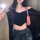 thumbnail image 3 of Top de manga larga Cuello de algodón de moda Suéter con cuello halter Top negro con cadena para mujeres Niñas Negro Talla única para alrededor de 88?121 lb, 3 of 8