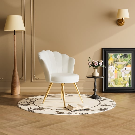Accent Chair Modern Velvet with Gold Legs, White Petal Back Armchair for Living Room