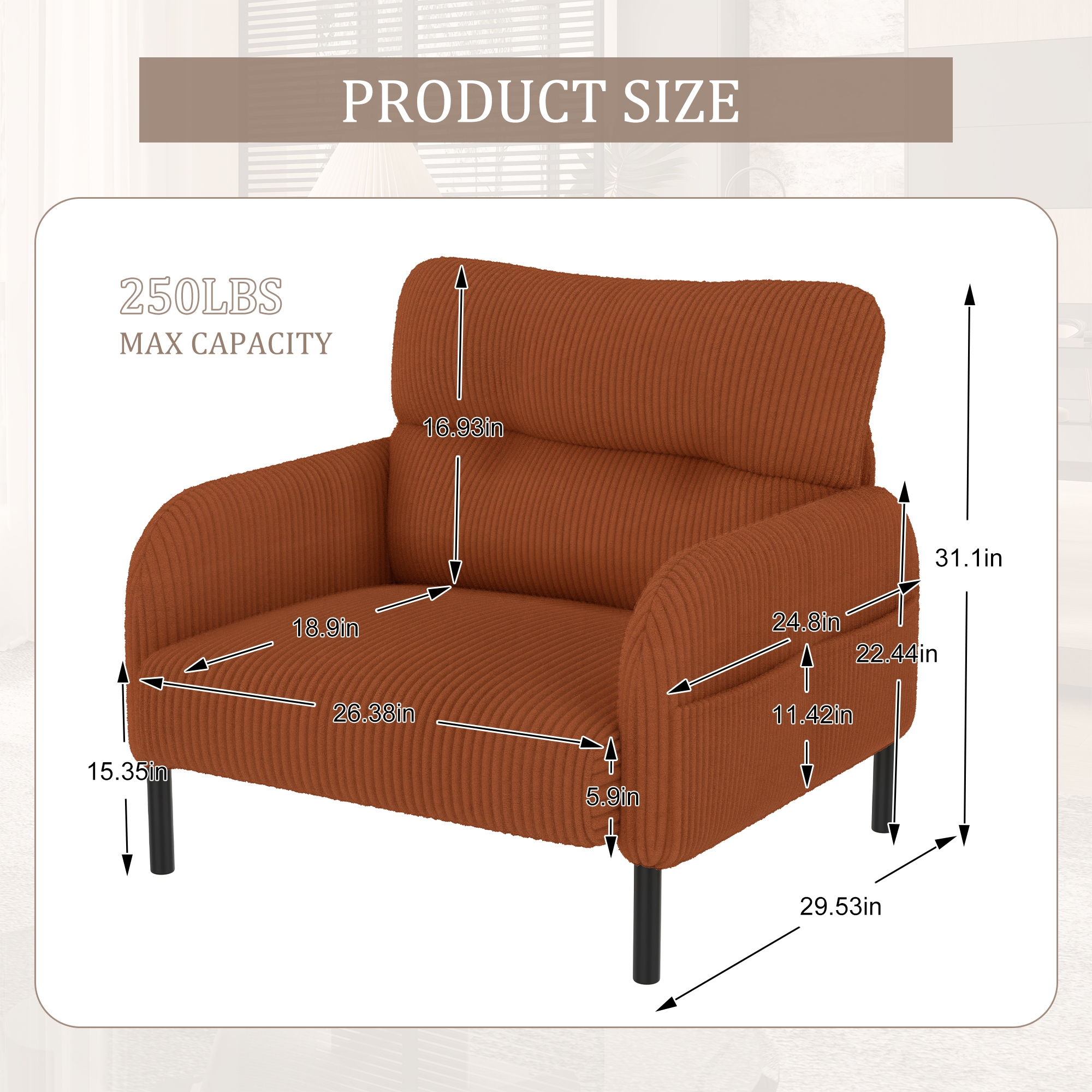 MOONMISS Corduroy Upholstered Comfortable Single Wood Frame Armchair for Living room and Bedroom-Orange