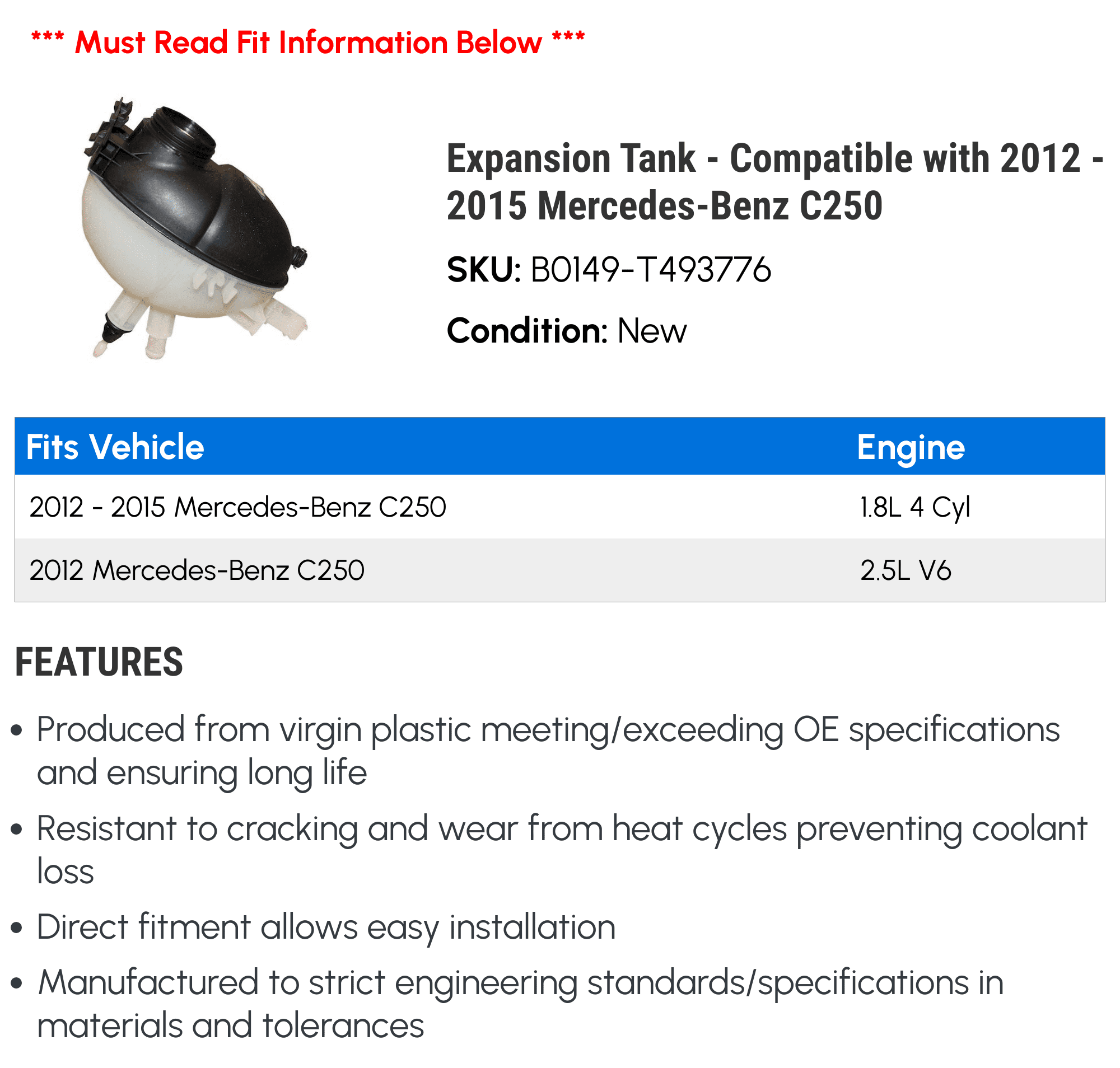 Expansion Tank - Compatible with 2012 - 2015 Mercedes-Benz C250 2013 2014