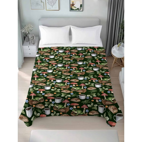 Mushroom Frog Full Size Flat Sheet, Wrinkleproof & Fadeproof Cooling Flat Bed Sheet Only, Coffee Bread Dark Green Background Breathable Soft Bedding Top Sheets 81 x 96 Inches