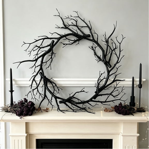 Artificial Black Twig Autumn Wreath, Halloween Spooky Dead Branch Door Wreath, Gothic Dark Floral Hoop, Festive Decor for Front Door Halloween Holiday