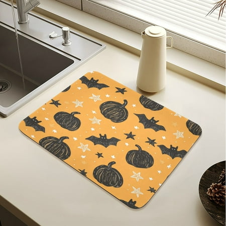 

Wobogo Black Pumpkins and Bats on An Orange Background Dish Drying Mats Diatomaceous Earth Super Absorbent Non-slip Rubber Sole 23.6×19.7in