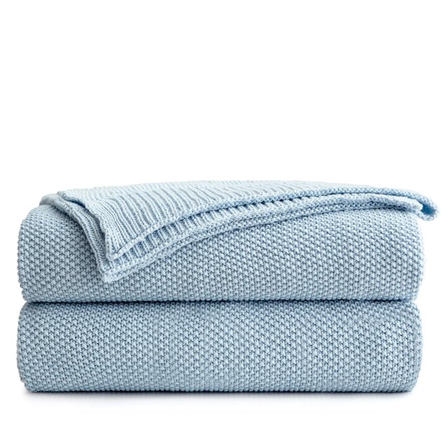 Longhui bedding 100% Cotton Light Blue Lightweight Cable Knit Throw Blanket for Couch Sofa Bed Home Décor Bonus Laundering Bag – Large 60 x 80 Inch, Machine Washable, Blue Color
