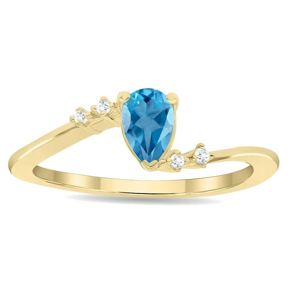 SZUL Women's Pear Shaped Blue Topaz and Diamond Wave Ring in 10K Yellow Gold