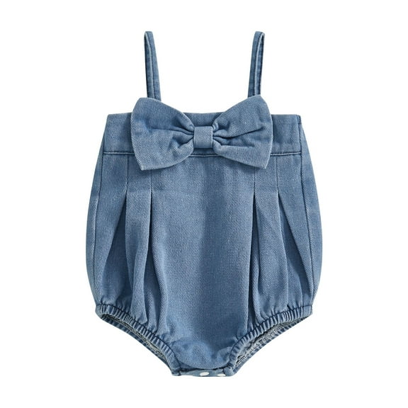 Baby Toddler Girl Denim Romper 3 6 9 12 18 Months Sleeveless Square Neck Bow Front Strap Bodysuit Newborn Playsuit