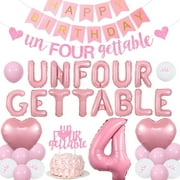 Unforgettable 4th Birthday Girl Decorations, 4 Year Old Birthday Decorations, Unfourgettable Happy Birthday Banner Cake Topper Number 4 Heart Foil Balloons for Princess 4th Birthday