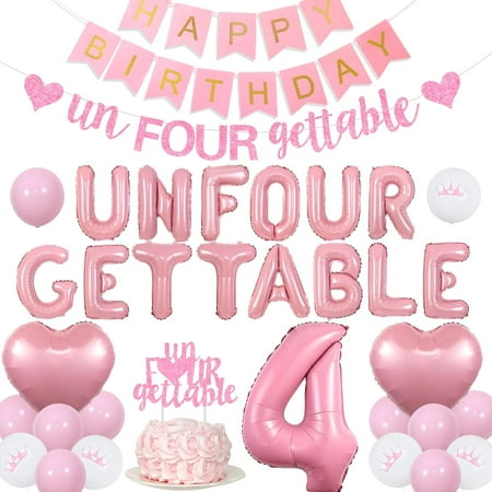 Unforgettable 4th Birthday Girl Decorations, 4 Year Old Birthday Decorations, Unfourgettable Happy Birthday Banner Cake Topper Number 4 Heart Foil Balloons for Princess 4th Birthday